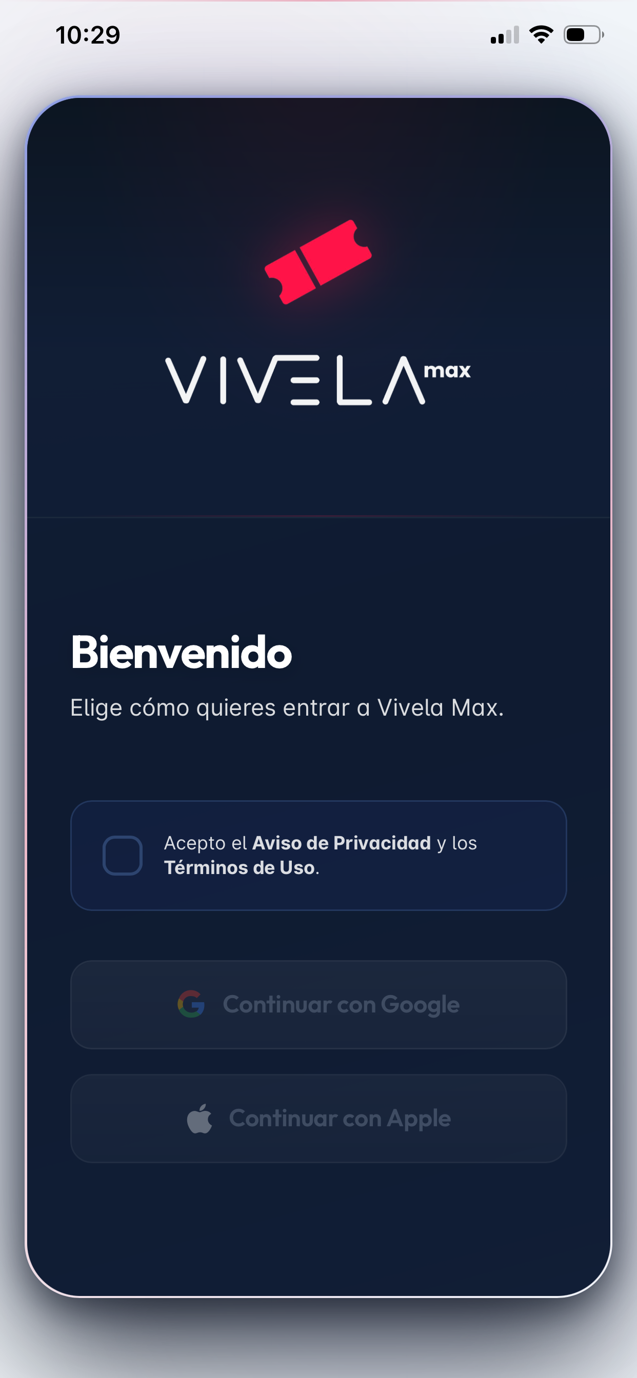 Paso 1: Bienvenida y aceptación de Aviso y Términos