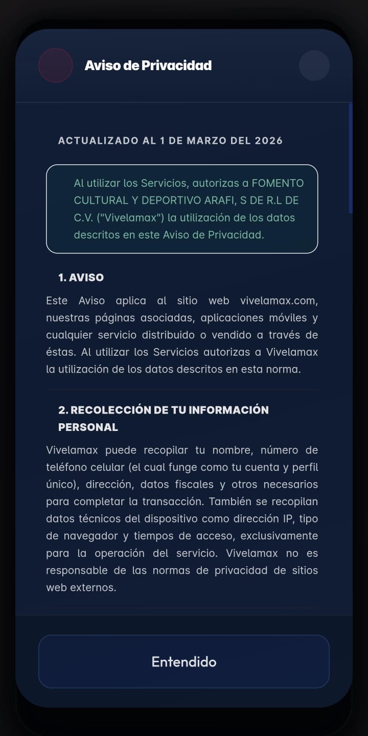 Paso 2: Aviso de Privacidad disponible en la app
